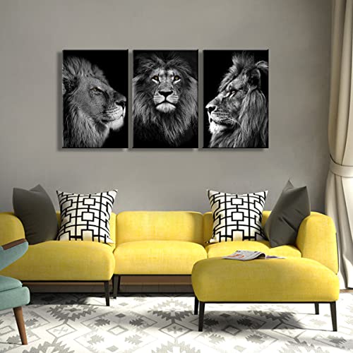 Framed 3 Pces Lion Black And White Canvas Wall Art Man's Gift Decor Africa Wild Animals Head Portrait Modern Poster Prints Painting Wall Pictures For Living Room Bedroom Hotel Home Decorate #TOP1