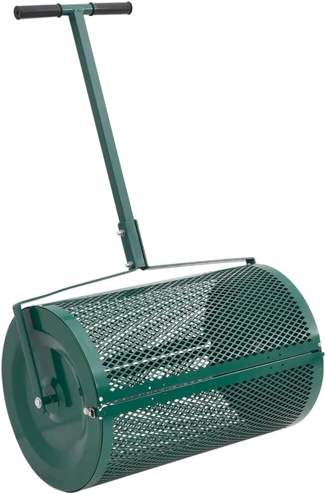 vidaXL Compost Spreader, Moss Spreader with Adjustable T Shaped Handle, Manure Spreaders Roller for Planting Seeding Garden Lawn Care, Green Steel
