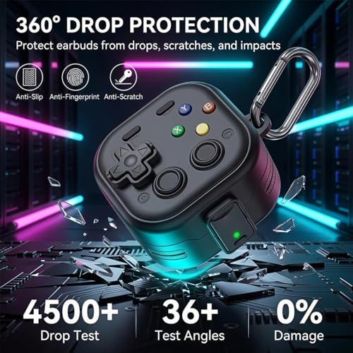 Image of ZORBES Retro Game Console Earbuds Case for Galaxy Buds 4 /4 Pro 2026, Protective Headphone Case with Secure Lock & Carabiner, Rugged Hard Shell with Cleaner Kit and Keychain for Men Boy Women, Black