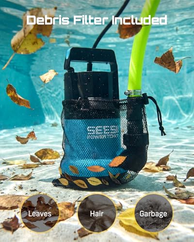 Image of SEESII 1HP Submersible Water Pump, 4755GPH High Flow Sump Pump with 23ft Hose Kit, Anti-Clogging Filter Net for Swimming Pool Hot Tub Pond Basement Rooftop Garden Water Removal