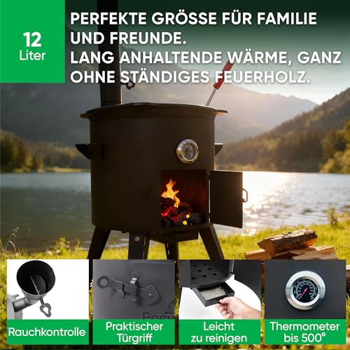 Utschak Feuerofen mit Thermometer Gusseisen Topf Kazan runder Boden mit Deckel (12 L) Schaumlöffel 48 cm Schöpfkelle 48 KazanoFF, Учаг, Feuerschale, Camping, Kazan, Gulaschkanone Dutch Oven (Set 3)-3