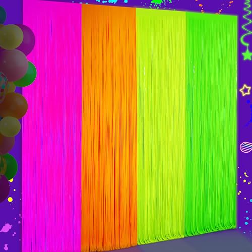 Image of Glow in The Dark Tinsel Curtains 4 Pack - Neon Party Decorations 3.3x6.6ft UV Reactive Fluorescent Macaron Backdrop for Neon, Pride, Birthday Decor, Double Colors & Quantity, Pre-Taped, Waterproof
