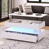 BXEYXE 100 x 50 x 44 cm. Mesa de centro hidráulica de altura ajustable. con iluminación LED. Control de aplicación Bluetooth. 2 cajones y espacio de almacenamiento abierto. Mesa de centro elevable