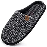 ONCAI Mens Slippers Black Knit Stripes Memory Foam Mule Slippers Slip On Warm House Indoor/Outdoor Shoes With Non-Slip Sole Size 14