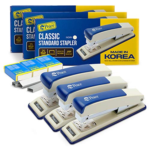Peace Stapler with 3000 Staples, 3 Pack, Desk Metal Stapler, 25 Sheet Capacity, Standard Commercial Stapler, 100% Made in Korea,Ivory Stapler