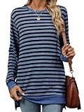 iChunhua Long Sleeve Striped T Shirts Women Thin Ladies Winter Jumpers Size 14 Comfy Basic Long Line Tunic Tops for Women UK Dark Blue