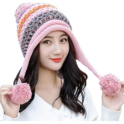 HUAMULAN Women Fleece Skull Beanie Hat,Winter Ski Earmuffs Chunky Ear Flaps Caps Pompoms Cover