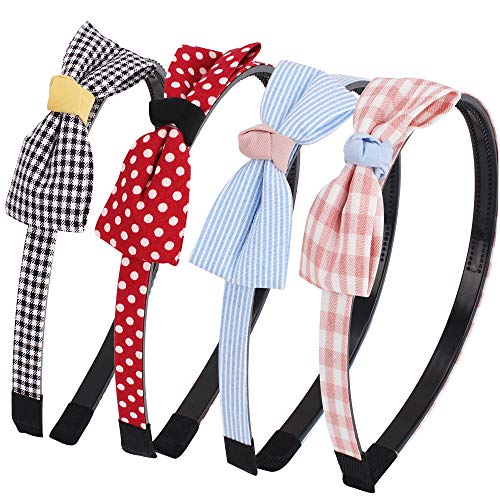 Headbands for Girls, Plaid Headbands, Bow Headbands for Girls, Polka Dot Headbands with Bow, Headbands with Teeth Striped Headbands for Girls Thin Hairbands for Girls Hair Hoops, Non Slip Plastic Headbands with Fabric,4 Pcs 4 Colors