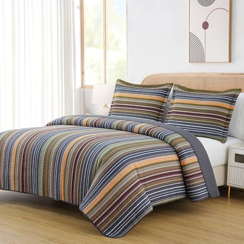 Image of Chezmoi Collection Avery Striped Cotton Quilt Set Queen Size, 3-Piece Soft Pre-Washed 100% Cotton Quilt, Multi-Color Green