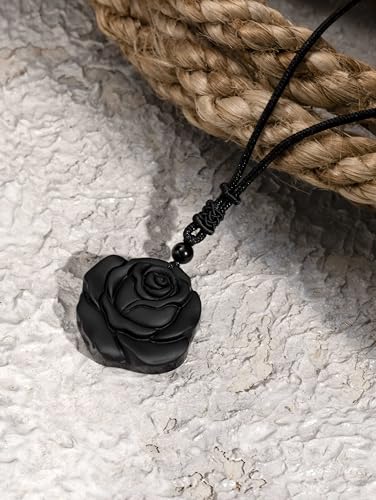 MINACHI Gothic Black Obsidian Rose Floral Pendant Necklace with Braided Cord, Gothic Jewelry Gift for Women2