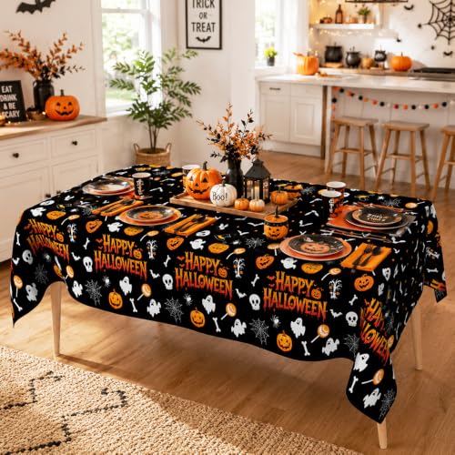 Image of Halloween Tablecloth Party Decorations - 8 PCS Happy Halloween Tablecloth Disposable, Plastic Black and Orange Pumpkin Ghost Table Cloth Cover Rectangle for Halloween Party Decor Supplies, 54 inch x 108 inch