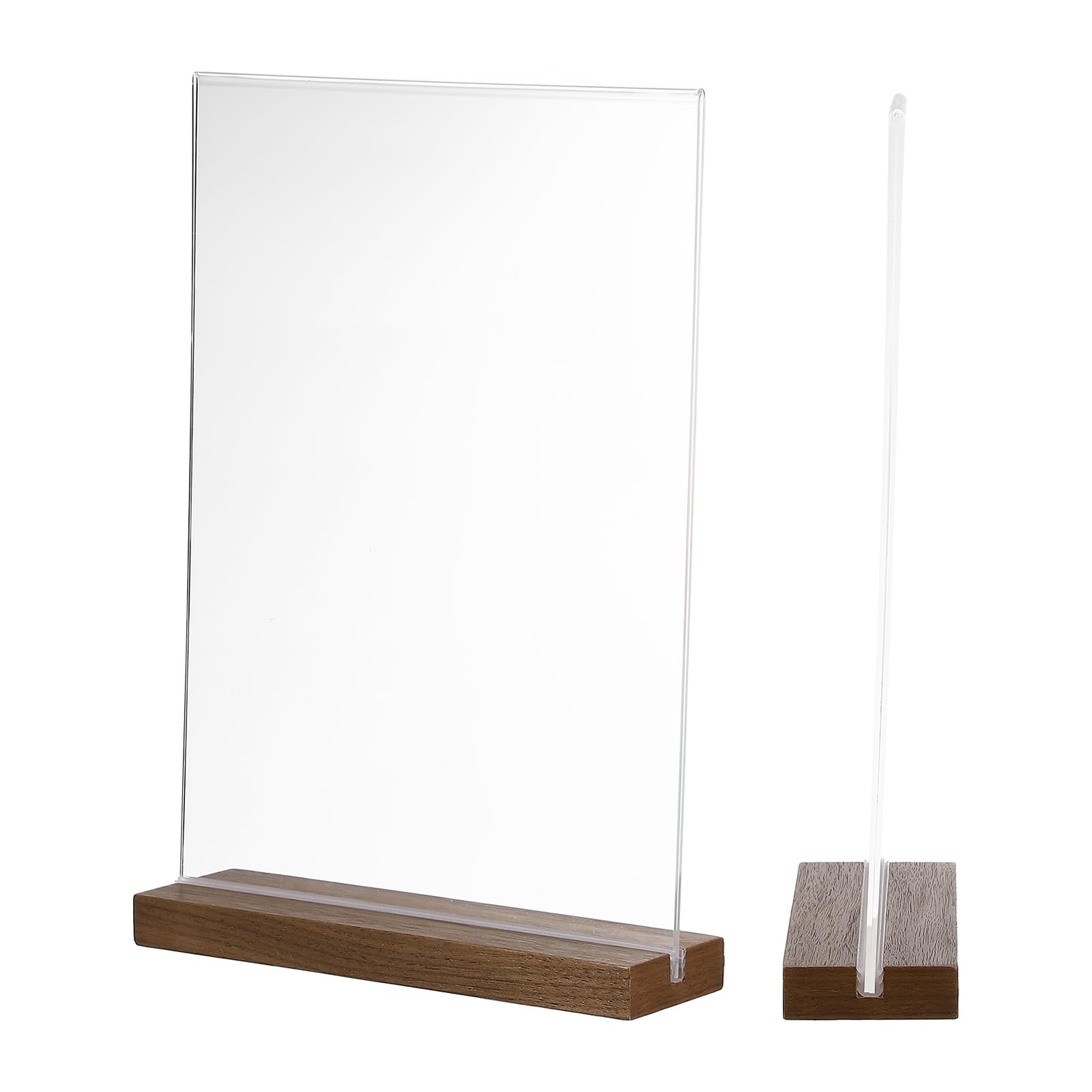 PATIKIL Letrero acrílico de 8 x 12 pulgadas, 2 soportes acrílicos en forma de T con base de madera vertical A4 de doble cara transparente para exhibición de mesa, menú, soporte de papel para boda