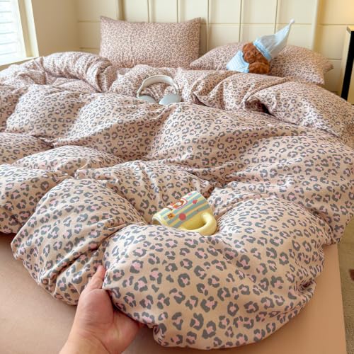 Image of VM VOUGEMARKET Leopard Duvet Cover Set Queen,Nude Beige Pink,Muslin Cotton