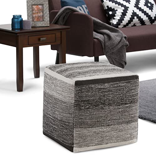 Simplihome Naya 16 Inch Boho Cube Pouf In Patterned Grey Melange Cotton, For The Living Room, Bedroom And Kids Room #TOP1