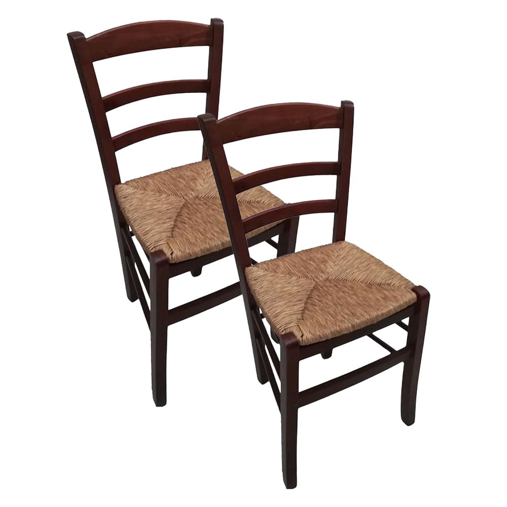 Set Sedie in Legno con Seduta in Paglia - Ampia, Compatta, Schienale Alto, Robusta, Paesana, Rustica, per Cucina, Agriturismo, Ristorante, Soggiorno - 45×45×88 CM (2, Noce)