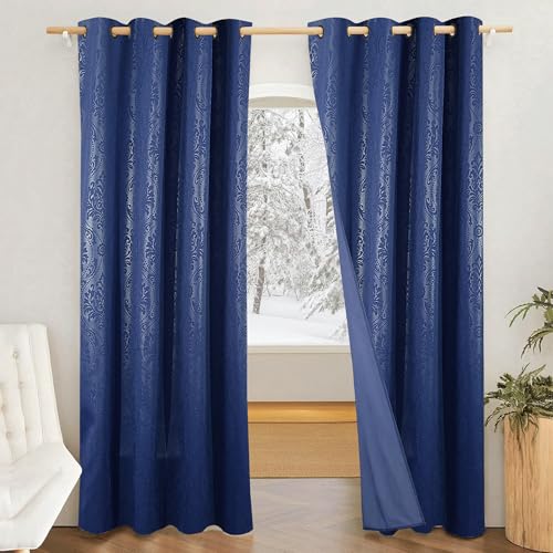 Amazon Brand - Solimo Polyester 100% Blackout Printed Emboss Window Floral Curtains|Blackout Window Curtains|5 Feet |Set of 2|Emboss Floral Design |for Living Room Kids Room and Bedroom |Blue