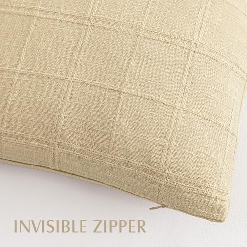 Image of Foindtower Set of 1 Decorative Linen Check Throw Pillow Cover Neutral Farmhouse Vintage Cushion Cover Modern Boho Accent Home Decor for Sofa Chair Couch Bedroom Living Room,20x20 Inch,Light Yellow
