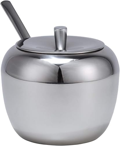 Kitchenexus Azucarero grande de acero inoxidable con tapa y cuchara de azúcar para cocina y hogar azucarero en forma de manzana 11 oz/11.0 fl oz