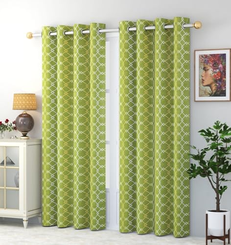 Image of Check Pattern Long Door Curtains for Living Room | Drawing Room Parde | Curtain Panel for Window, Green Color 9 Feet 2 Pcs Set Curtains