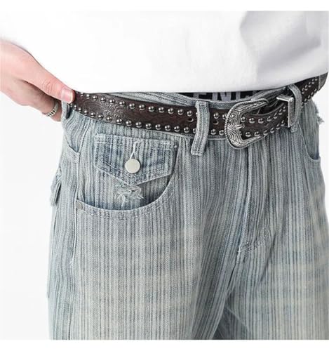 Men's Vertical Nail Button Washed Jeans Striped Niche Design Denim Pants2