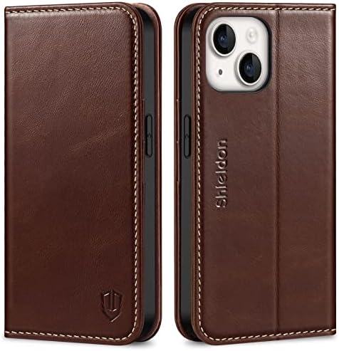 SHIELDON Wallet Case for iPhone 14 5G, Genuine Leather Flip Case with [Card Holder][RFID Blocking][Kickstand][TPU Shell] Protective Magnetic Folio Phone Case Compatible with iPhone 14 6.1" 2022, Black