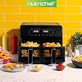 Nutrichef Double Basket Air Fryer 8.8 QT | Family Size Oil Free Airfryer with Transparent Window | 9-1 Preset Cooking Options | 360° Hot Air Circulation Technology | 4.4 QTs per Basket | Black