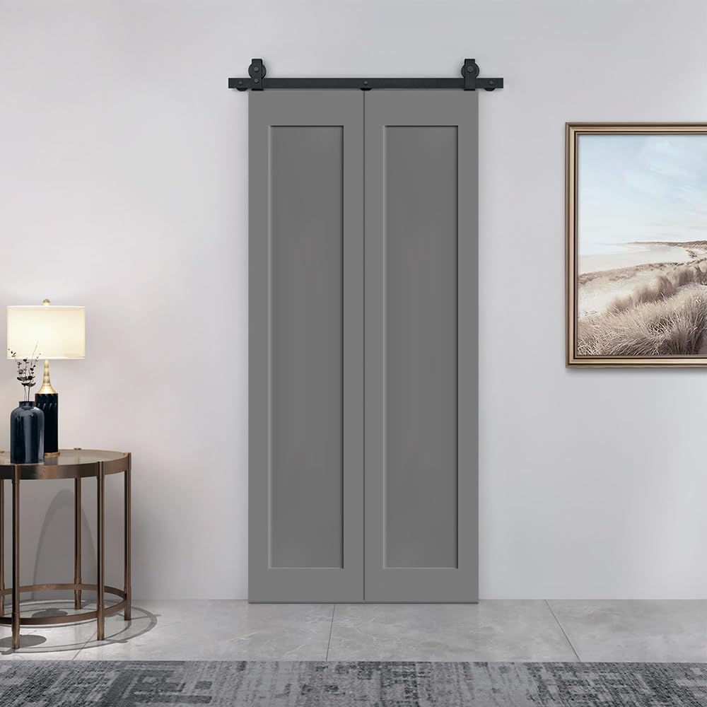20 in. x 80 in. 1 Panel Shaker Hollow Core Light Gray Composite Bi-Fold Door with Sliding Barn Door Hardware Kit