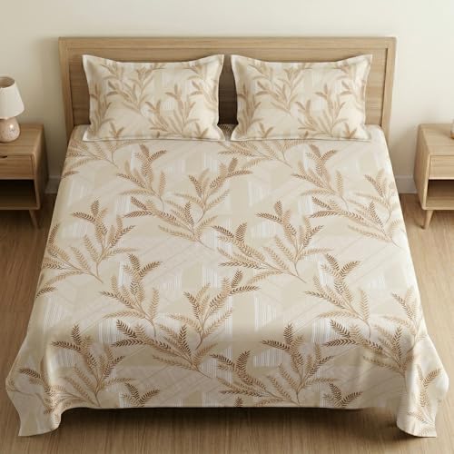 Image of Mafatlal 186 TC Metro Cotton Double Bed Bedsheet | 90x100 Inch|Soft, Breathable & Lightweight | Includes 2 Pillow Covers| Cream Gold 1