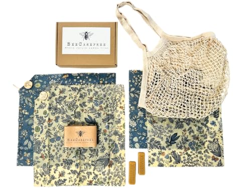 4-Pack Reusable Beeswax Wraps with Produce Bag & 2 Beeswax Bars