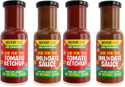 Image of REPEAT GUD Healthy Sauces (Tomato Ketchup, Imili & Dates Sauce) | No Refined Sugar, Made With Jaggery | No preservatives | GUD For Kids | 100% Natural Ingredients & Chemical free (Pack of 4)