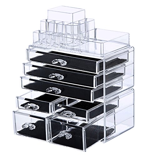 SONGMICS Makeup Organizer 7 Drawers Cosmetic Storage Display with 11 Top Compartments for Brush Lipsticks 3 Pieces Set Clear UJMU07T