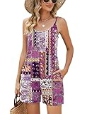 LOMON Jumpsuits for Women Dressy Summer Casual Sleeveless Romper Loose Spaghetti Strap Comfy Shorts Jumpsuits With Pockets Purple Square XXL