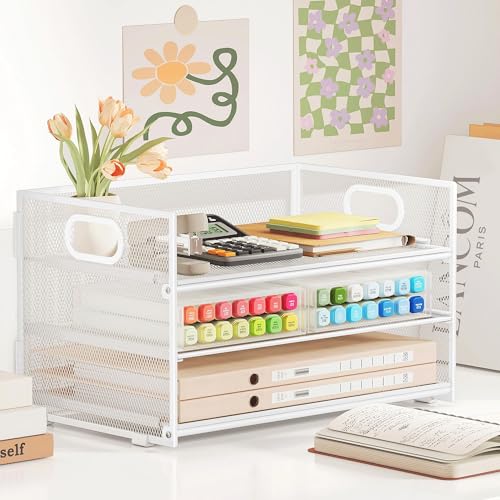 Organiseur Bureau 3 Niveaux Maille Métal Blanc VITVITI