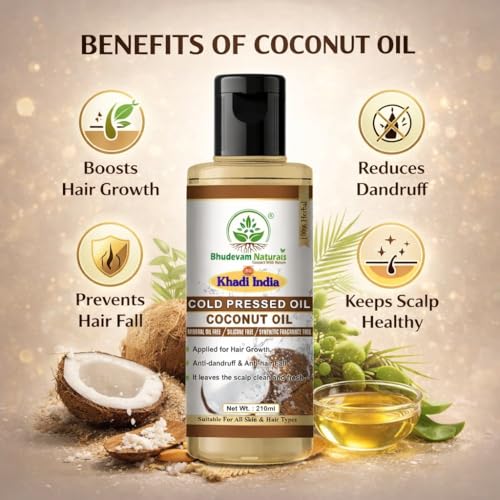Image of Bhudevam Naturals Khadi Cold Pressed Pure Coconut Oil For Skin & Hair | Helps to Prevents Hairfall | Moisturizing and Nourishing For All Hair And Skin Types (210ml)