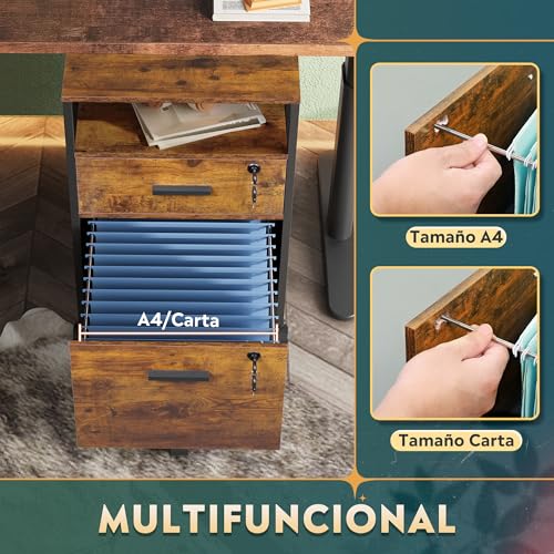 DEVAISE Archivador Retro 2 Cajones Marrón Envejecido Vintage, Soporte para Impresora con Estante Abierto, Papel A4 Carta para Oficina - imagen 4