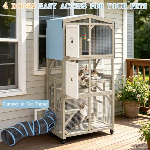 Image of Ketive 66 inch H Large Wooden Catio Outdoor Cat Enclosure with Wheels