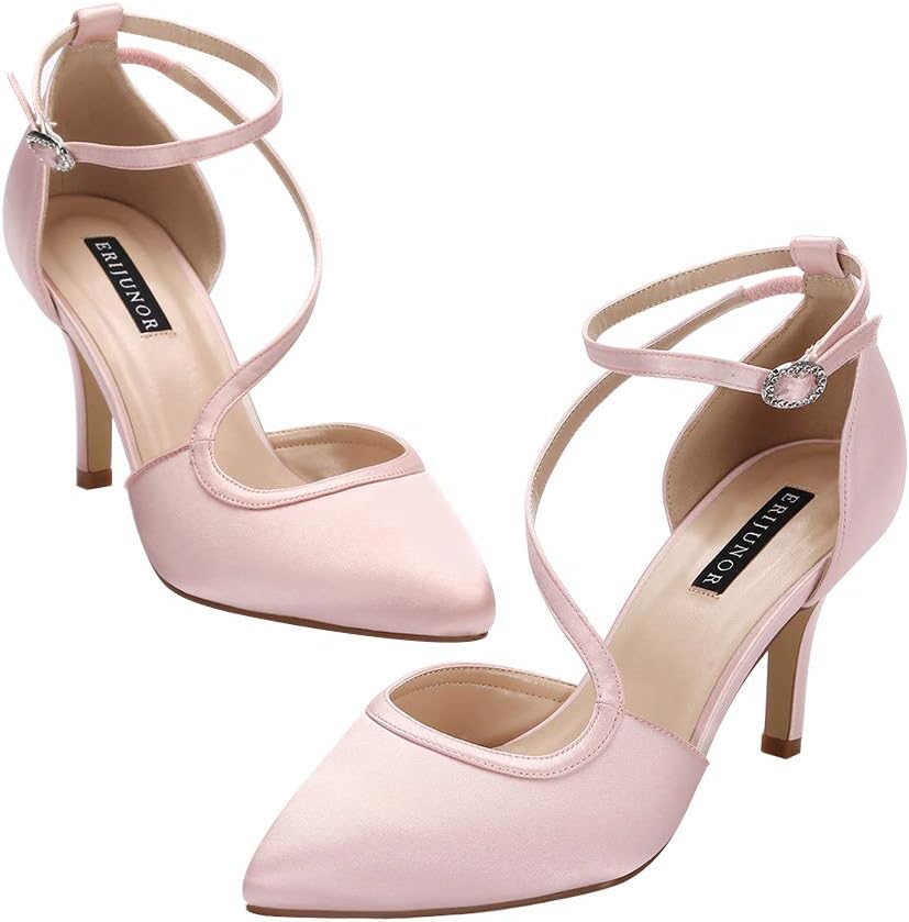 ERIJUNOR Women Comfortable Mid Heel Ankle Strappy Dress Pumps Pointed Toe Satin Wedding Evening Party Shoes - Image 6