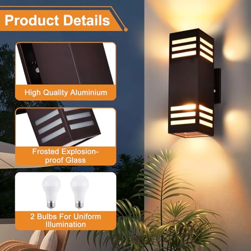 Image of Housen Solutions LED Dusk to Dawn Outdoor Lighting 2 Pack, Up Down Outdoor Wall Lights with Bulbs, IP65 Waterproof Sensor Exterior Light Fixture Wall Sconce for Porch, Bronze