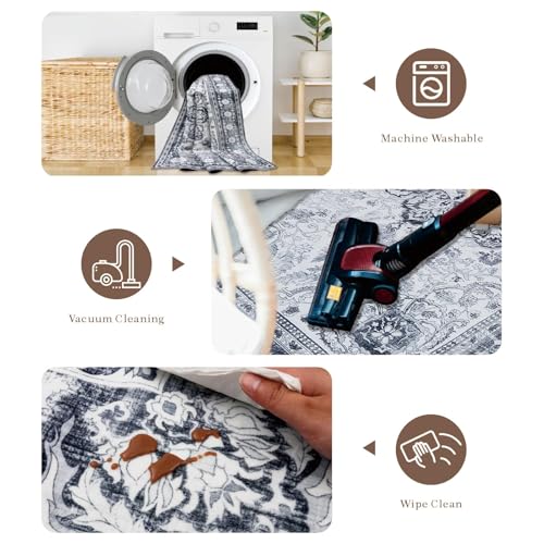 Image of 2x10 Runner Rug Non Slip Washable Bedside Laundry Room Floor Rug Low Pile Water Repellent Soft Distressed Carpet for Kitchen Living Room Bathroom Entryway(Grey,2x10ft)