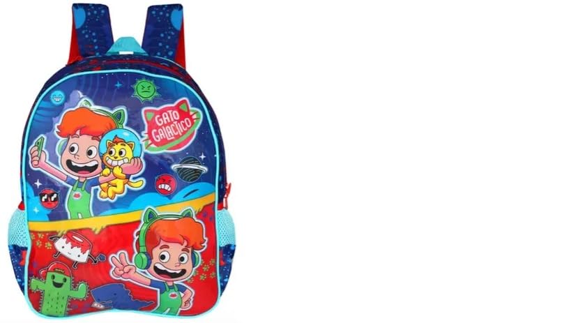 Mochila Infantil Gato Galáctico, Design Espacial Colorido, Bolsos em Malha Lateral, Azul e Vermelho