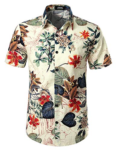 JOGAL Men's Flower Casual Button Down Short Sleeve Hawaiian Shirt X-Large White2
