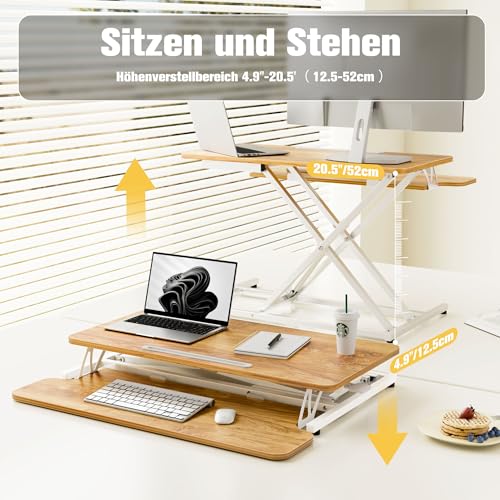 ERGOMAKER Steh-Sitz Schreibtischaufsatz Höhenverstellbar, Stehpult Aufsatz Schreibtisch 80 X 40CM Desktop Erhöhung mit Tastaturablage Für Zwei Monitore,Helles Rustikalbraun