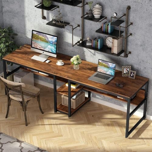 Image of TEKAVO Two Person Desk I 240 CM I Two People Working Table for Office & Home I Computer Desktop Table for Home pc I Desk with Book Shelf Storage I Brown Wood I Metal I DIY