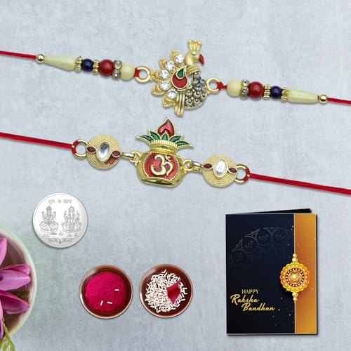 Image of Oblivion Stone Set Peacock and Kalash Rakhi Set of 2 for Brother with Silver Colour Pooja Coin, Tilak Set and Greeting Card for Raksha Bandhan