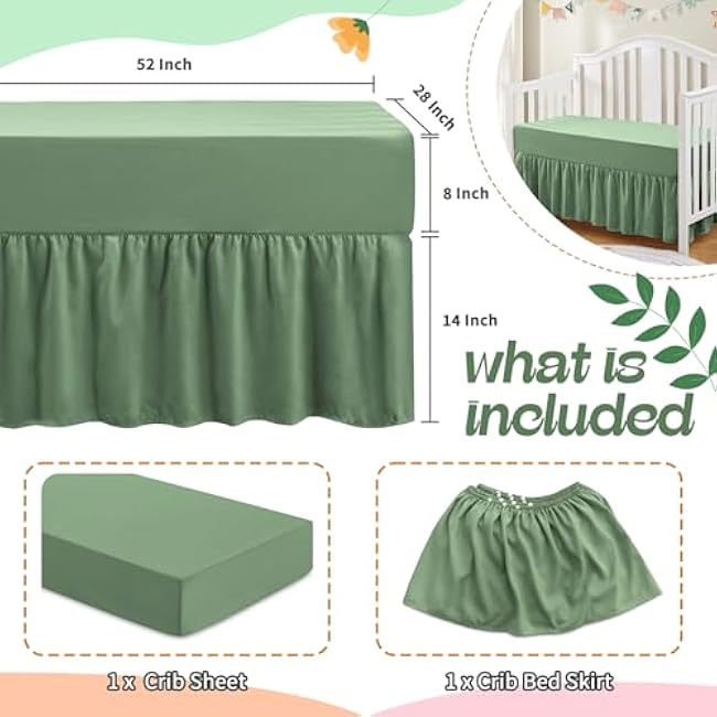 SiinvdaBZX 2-Piece Set Ruffled Crib Skirt & Soft Microfiber Fitted Crib Sheet, 52x28 + Adjustable Elastic 14 Drop, Fit for Baby Standard Crib & Nursery Toddler Bedding (Sage Green)