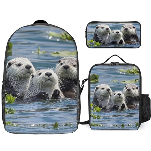 3 Piece Backpack for Women Men Lightweight Causal Daypack Shoulder Bag Set with Insulated Lunch Bag And Pencil Case Organizers Lovely Sea Otter