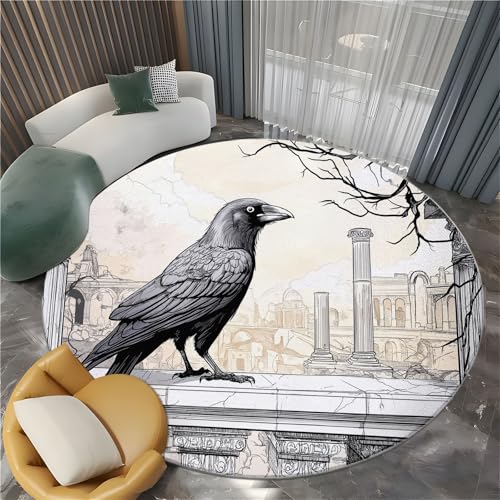 Beige Alfombras Redonda de área 150 x 150 cm, Edificio con Balcón De Cuervo De Fantasía Alfombra Suave Antideslizante Lavable, Modernas de Interior Alfombra Redonda para salón, Dormitorio, Comedor