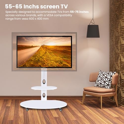 Image of Mobile TV Stand on Wheels - Height Adjustable Floor Stand for 32-65 inch LED & Smart TVs | Wooden & Metal Frame | Rolling TV Trolley with Shelf (White)