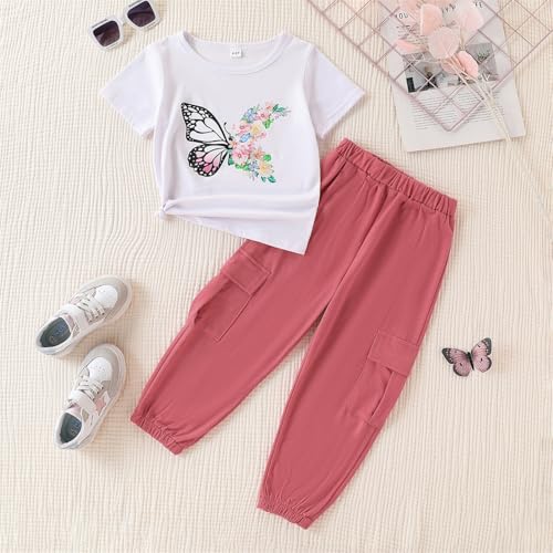 Image of Ayzozuy Kid Girl Clothes Outfits Figure Letter Graphic Tee Top + Flap Pocket Pants 2PC Clothing Set