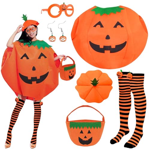 KVGBNT Kürbiskostüm Halloween Halloween Kostüm 6 PCS Pumpkin Costume Adult Bestehend Aus Kürbiskostüm Bonbontüte Hut Strümpfen Ohrringen und Kürbisbrille Kostüm Kürbis Erwachsene für Halloween